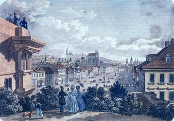 Lópiac a Vencel téren, Prágában, 1835 (színes acélmetszet)
