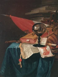 Vanitas csendélet a festőállványnál a festőművész kristálygömbben tükröződik