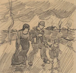Pár gyermekkel az utcán az esőben. 1890