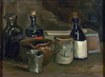 Csendélet palackokkal és kerámiával. Méret: 31,5 x 41,8