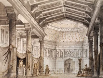 Francesco Bagnara díszletterve a Norma második jelenetéhez, Vincenzo Bellini (1801-1835) operájához, a velencei La Fenice Színházban
