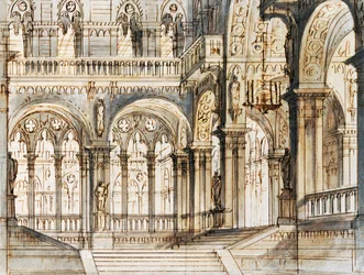 Francesco Bagnara díszlete a Capuleti és Montecchi harmadik jelenetéhez, Vincenzo Bellini (1801-1835) operájához, a velencei La Fenice Színházban