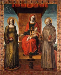 A trónoló Madonna és gyermeke Bernardino és Alexandriai Szent Katalinnal, az Orzinuovi körmeneti zászló hátoldala, Vincenzo Foppa (1427 körül - 1515 körül), festmény, vászon.
