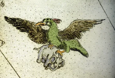 Rok óriásmadár, amely elefántot hord az üvegházai között, hogy odaadja fiának, Vincenzo coronelli (1650-1718) világtérképének részlete. 17. század