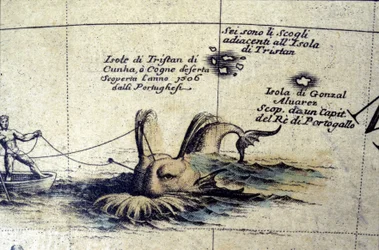 Bálnavadászat az Atlanti-óceán déli részén Coronelli földgömbje után. 17. század