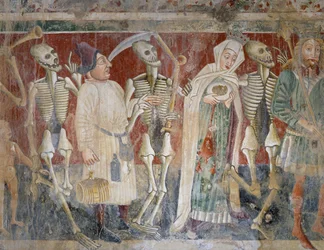 Pazin közelében, királynő és kereskedő a halál kíséretében, a halál tánca (1474), részlet, freskó a Sziklaszentmária-templom temetőtemplomában, Vincenzo da Castua, Beram, Isztria, Horvátország