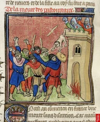 Részlet a Pastoureaux-i harmadik keresztes hadjárat miniatúrájáról. Zsidók kidobták gyermekeiket egy toronyból, 1380 után