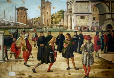 Szent Orsolya (breton hercegnő) életciklusa. Harmadik epizód: a nagykövetek visszatérése az angol királyhoz. A nagyköveteket ábrázoló részlet. Részlet Jacques de Voragine (kb. 1228-1298) legenda doree című művéből. Vittore Scarpa festménye