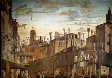 A Szent Kereszt ereklyéjének csodája a velencei Rialto hídnál, részlet. Vittore Scarpazza, más néven Vittore Carpaccio (1460-1525) festménye