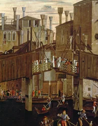 A Szent Kereszt ereklyéjének csodája, a régi Rialto híd részlete, a Scuola di San Giovanni Evangelistából, kb. 1494