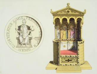Frederick Barbarossa (1123-1190 körül) érme és trónja Jules Ferrario „Le Costume Ancien et Moderne” című művéből, az 1820-as és 30-as évek körül megjelent (színes litó)
