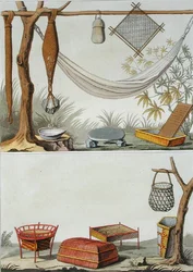 Háztartási eszközök és bútorok, karib törzs, Holland Antillák, Jules Ferrario „Le Costume Ancien et Moderne” című művének 69. táblája, az 1820-as és 30-as évek körül (színes litó)
