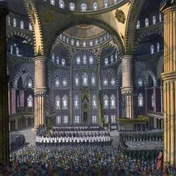 A Mewlod ünnepének megülése Ahmed szultán mecsetében, 41. tábla „A nemzetek története” III. részének I. kötetéből, a művész metszete