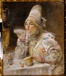 Tea idő. (Egy bojár nő (boiard, boiar), a Moszkvai Hercegség hagyományos ruhájában és fejdíszében ül egy szamovár mellett, és issza a teát, amit a csésze csészealjjába töltött). Konsztantyin Jegorovics Makovszkij festménye (Constantin Mako