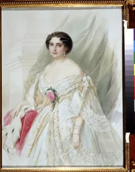""Prémes köpenyes hölgy portréja"" Fehér ruhába van öltözve, szalagokkal, fülbevalókkal és karkötőkkel. Vladimir Hau (Gau) akvarellje (1816-1895) 1860 Magángyűjtemény