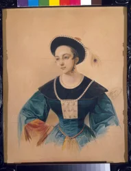 Anna Stepanova (1816-1838) szoprán portréja Peki szerepére Daniel Auber Bronzlójában (1782-1871). (A. Stepanova operaénekes portréja Peki szerepében D. Auber A bronzlóban). Vlagyimir Ivanovics Hau (Gau) munkája (1816-1