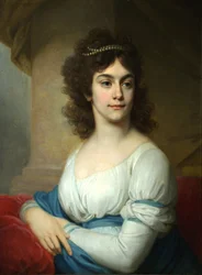 Ismeretlen nő portréja fehér ruhában, kék szalaggal, 1790-es évek vége