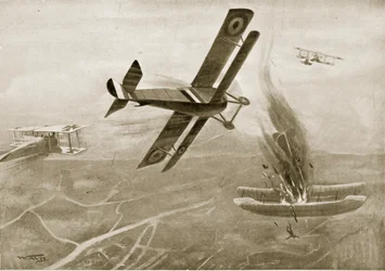 Hawker kapitány légi csatája három német repülőgéppel, 1915. július 25., illusztráció „A nemzet története“ című műből