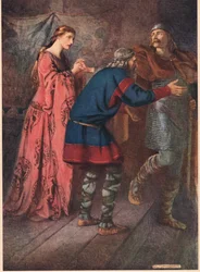 Laertes búcsút vesz nővérétől, Opheliától, William Shakespeare Hamletéből, a Hodder und Stoughton kiadásában 1915-ben.