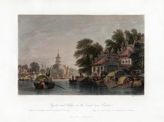 Pagoda és falu, a csatornán, Kanton közelében, Kínában, 1840.