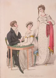 Két nő és egy férfi teljes estélyi ruhában, c1810