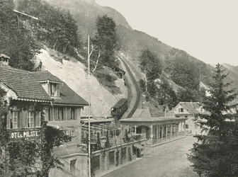 A Pilatus vasút kiindulópontja, Alpnachstad, Svájc, 1895.