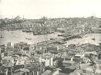 A Galata híd az Aranyszarv fölött, Konstantinápoly, Oszmán Birodalom, 1895.