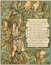Jack leereszkedik a Beanstalk-on a Jack and the Beanstalk kocsmából. 1875-ös színes litográfia, 1875.