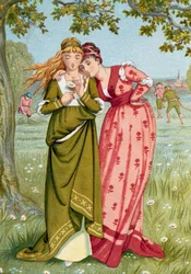 Középkor: "Szeret engem, nem szeret" Egy fiatal lány egy százszorszépet hagy, hogy megtudja, szereti-e őt a férfi, akibe szerelmes. Walter Crane (1845-1915) illusztrációja Magántulajdon.