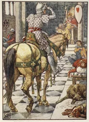 Percival megszerzi a dobogó szív pajzsát, Henry Gilbert „A kerekasztal lovagjai történetei” című művéből, első kiadás, 1911