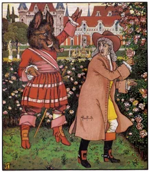A szép apa rózsát szed a répakertben. Walter Crane (1845-1915) illusztrációja a "Beauty and the Bete" című angol műben.