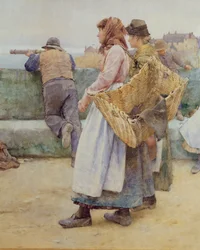 Egy cornwalli halászfaluban: a flotta indulása észak felé, két halasszony részlete, 1886 (wc) (77635 részlet)
