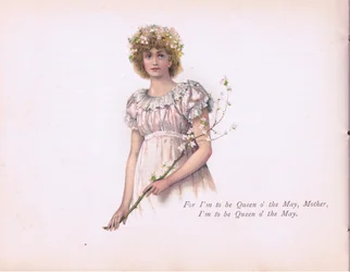 "Én vagyok a május királynője, anya", illusztráció a Tennyson Picturesből, az E P Dutton & Co., 1900 körül (színes litó)