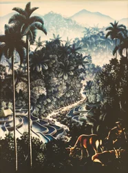 Folyói táj pásztor és tehén