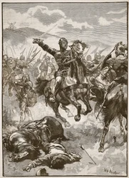 A fekete herceg a crecyi csatában, illusztráció a „Cassell illusztrált angliai történelméből” (szépia fotó)