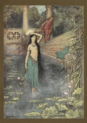 Frontispiece: "Kirohant a palotából... és a felső világba jött." a Folk-Tales of Bengal... Warwick Goble 32 színes illusztrációjával (Edition de luxe.)