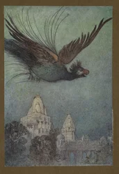 10. tábla: "Szörnyű madár jön ki látszólag a palotából", a Folk-Tales of Bengal... Warwick Goble 32 színes illusztrációjával (Edition de luxe.) 1914 (színes litó)