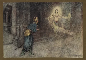 13. tábla: "Egy gyönyörű nőt látott kijönni a palotából", a Folk-Tales of Bengal ... 32 színes illusztrációval Warwick Goble-tól (Luxus kiadás) 1914 (színes litó)