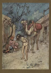 16. tábla: "A tevehajtó leszállt, ott helyben a fához kötötte a tevét, és dohányozni kezdett."  Folk-Tales of Bengal ... Warwick Goble 32 színes illusztrációjával. (Edition de luxe.).  1914