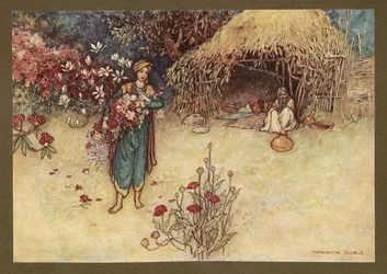 17. tábla: "Hajnalban virágot selejt az elsőben", a Folk-Tales of Bengal... 32 színes illusztrációval Warwick Goble-tól. (De luxe kiadás.)