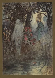 18. tábla: "A Brahman feleségének volt alkalma elmenni a tankhoz, és menet közben megsimogatta egy Sankchinni", a Folk-Tales of Bengalból... Warwick Goble 32 színes illusztrációjával. (De luxe kiadás.)