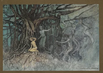 19. tábla: "Abban a pillanatban, amikor az első ütést leadták, nagyon sok szellem rohant a Brahman felé, a "Bengáli népmesékből... Warwick Goble 32 színes illusztrációjával (Edition de luxe.)