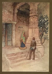 1. tábla: "A suo királynő egy marék rizzsel ment az ajtóhoz." a Folk-Tales of Bengal-ból ... Warwick Goble 32 színes illusztrációjával. (De luxe kiadás.)