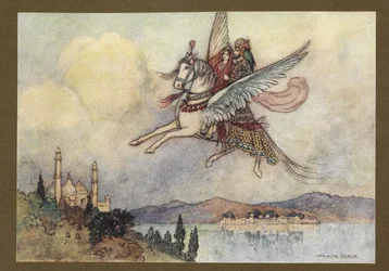 20. tábla: "A hölgy, a király és a hiraman épségben és épségben megérkeztek a király fővárosába", a Folk-Tales of Bengal... 32 színes illusztrációval Warwick Goble-tól (Edition de luxe.)