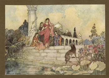 23. tábla: „A sakál… felnyitotta bételleveleinek kötegét, a szájába vett, és rágni kezdte” a Folk-Tales of Bengal-ból... Warwick Goble 32 színes illusztrációjával (Edition de luxe .)