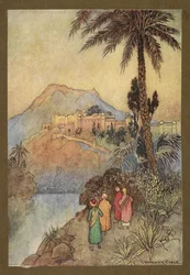 27. tábla: „Egy csodálatos épületegyütteshez közeledtek.”, a Folk-Tales of Bengal... 32 színes illusztrációval Warwick Goble-tól. (De luxe kiadás.)