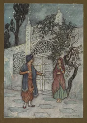 2. tábla: "A herceg feléledt, és sétálva meglátott egy emberi alakot a kapu közelében", a Folk-Tales of Bengal... Warwick Goble 32 színes illusztrációjával