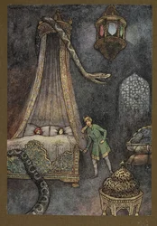 3. tábla: "Kirohant rejtekhelyéről és megölte a kígyót", a Folk-Tales of Bengal... 32 színes illusztrációval Warwick Goble-tól. (De luxe kiadás)