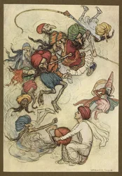 4. tábla: "Édességek helyett körülbelül egy tucat démon." Folk-Tales of Bengal ... Warwick Goble 32 színes illusztrációjával. (De luxe kiadás.)