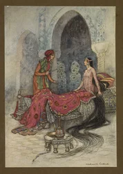 6. tábla: „Egy gyors ütemben felébredt, felült az ágyában, és az idegenre pillantva megkérdezte, ki ő”, a Folk-Tales of Bengal... 32 színes illusztrációval Warwick Goble-tól. (Edition de luxe.). 1914